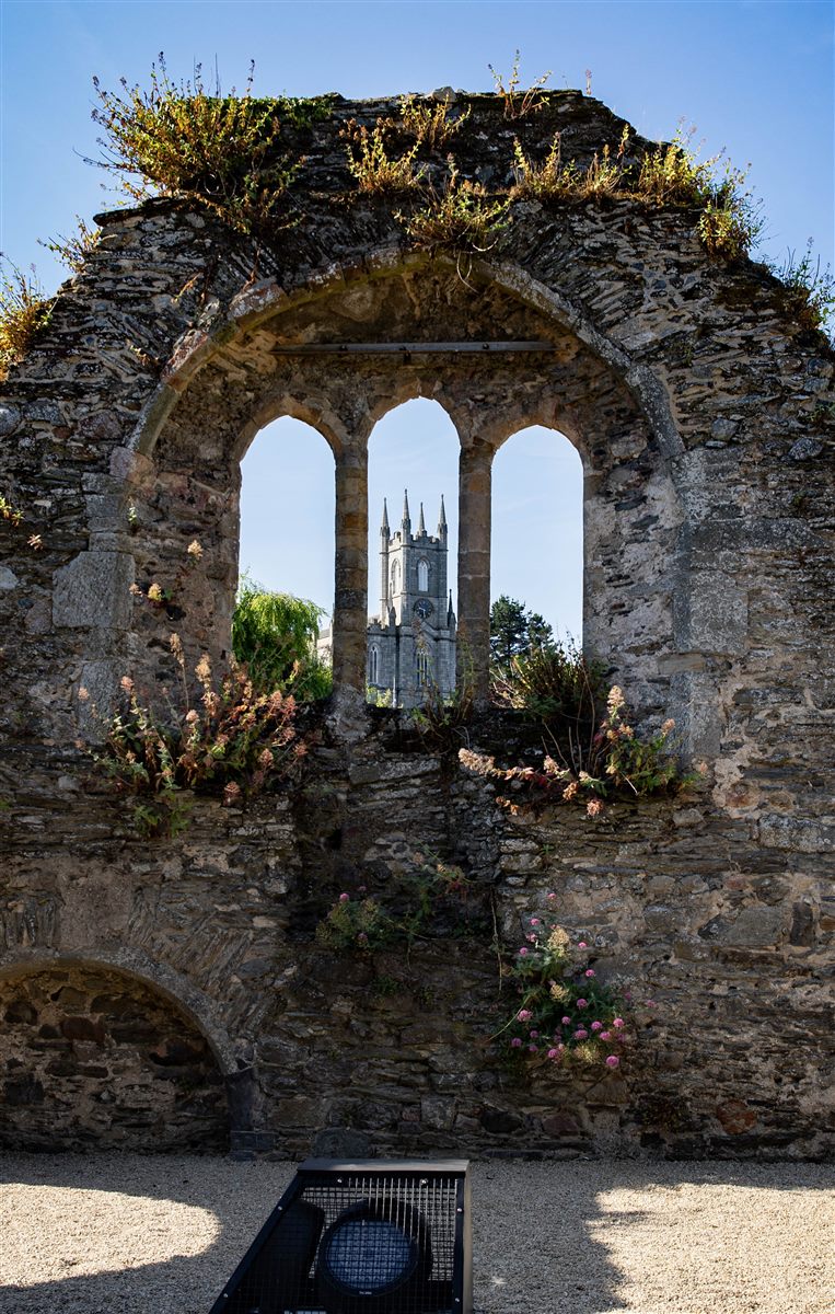 Arched windows of the Abbey ruins framing the church spire